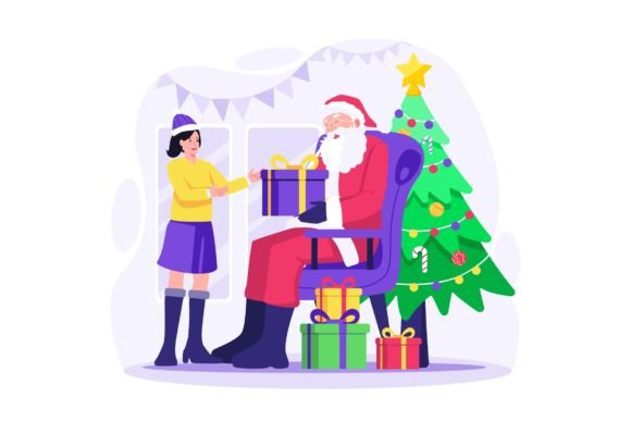 Santa Give Christmas Gift Illustration: A Festive Graphic Asset for Local Business Branding